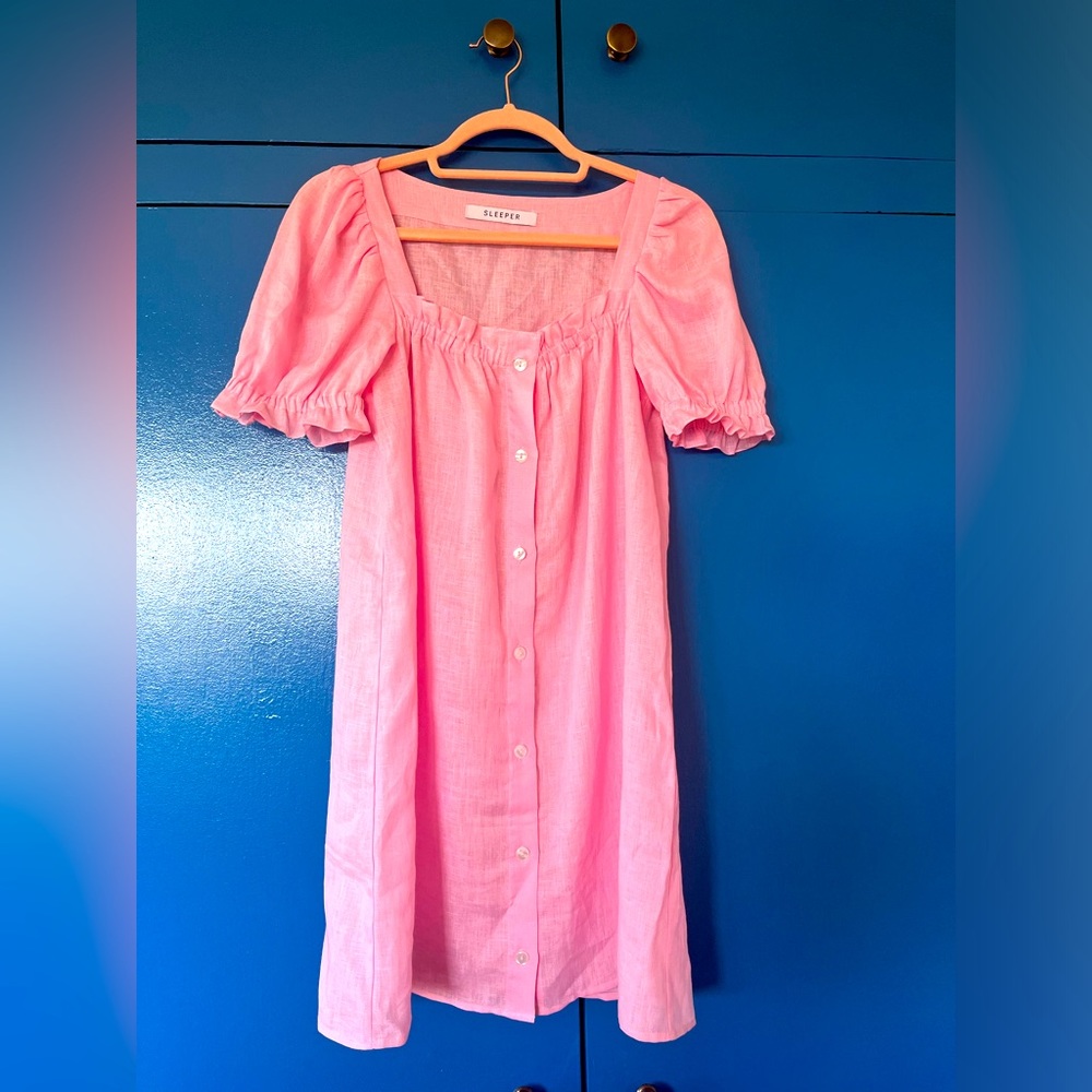 SLEEPER LINEN RUFFLED DRESS WITH TIE XS